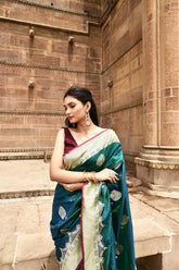 Teal Blue Pure Katan Silk Banarasi Handloom Silk Saree